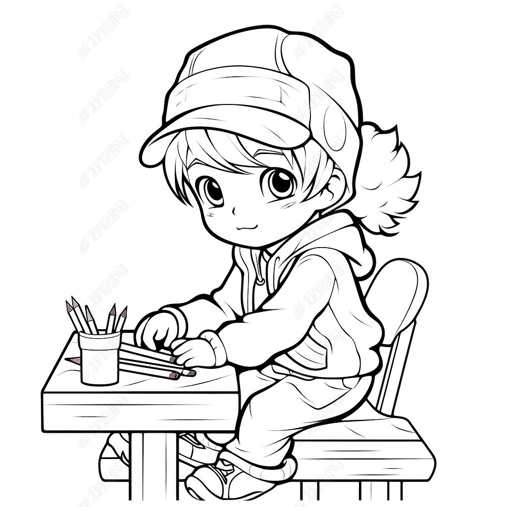 原创读书的小女孩黑白线条轮廓上色书涂色插图素材7-版权可商用