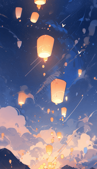 中秋节素材孔明灯漂浮在夜空中插画海报背景图片