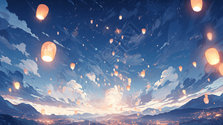 中秋节素材孔明灯漂浮在夜空中插画海报背景图片