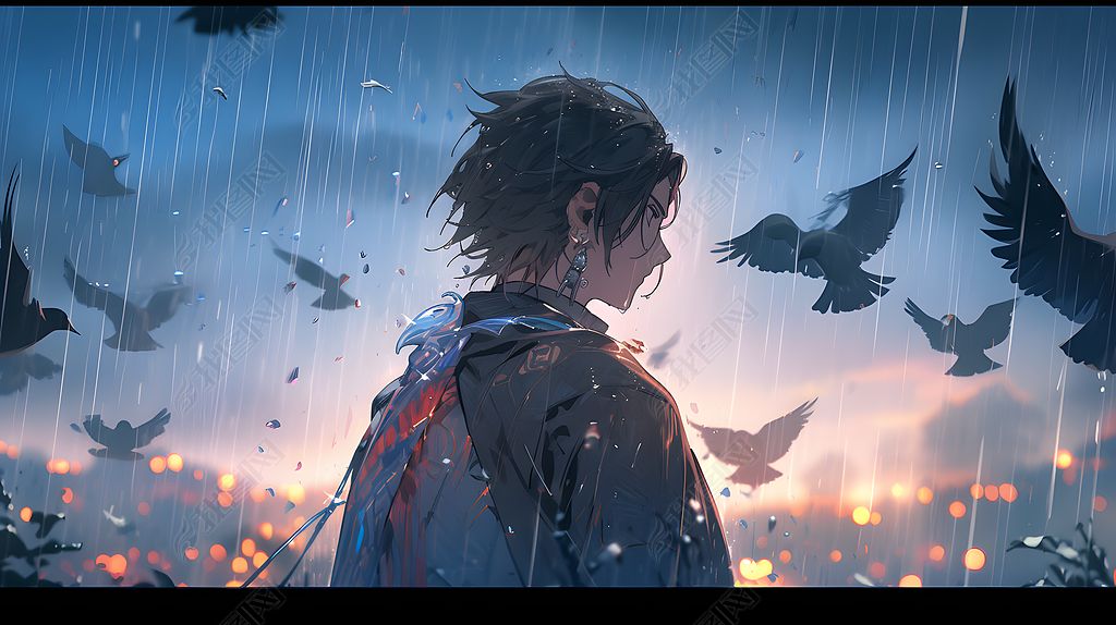 雨中伫立的忧伤动漫男孩