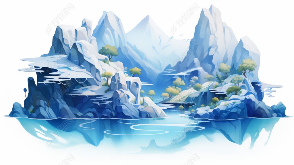 国潮国风古风工笔画水墨画蓝色山川插画05