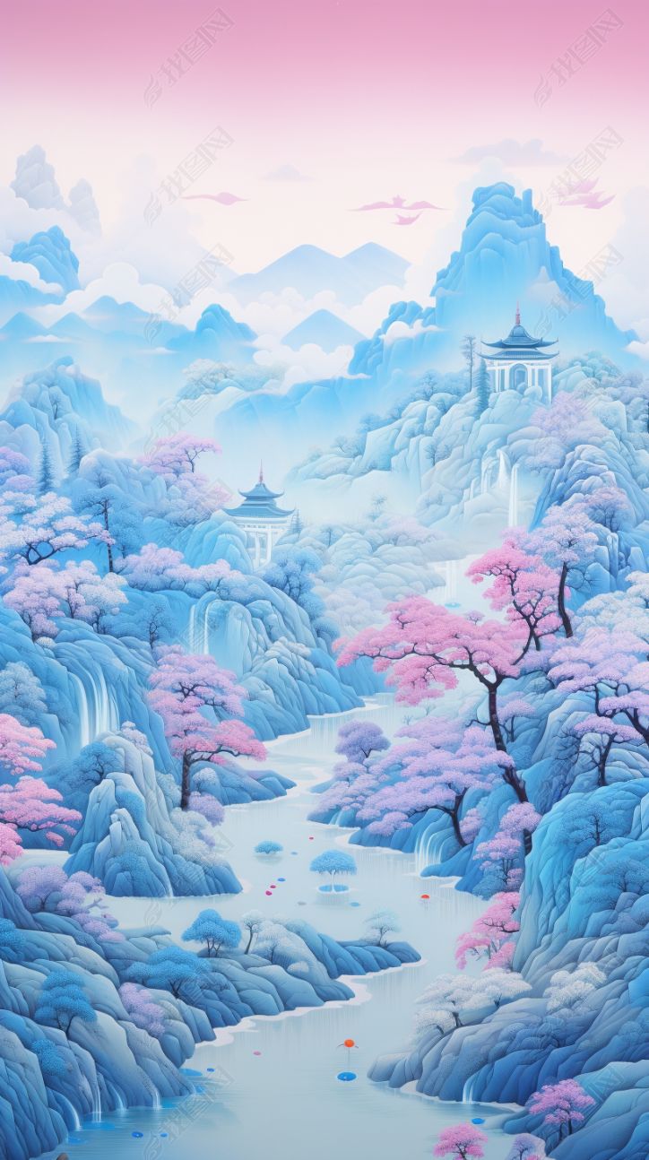 国潮国风古风工笔画水墨画山水景建筑插画04