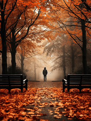 深秋一个男人走在公园里的背影图,地上铺满落叶
