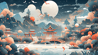中秋节素材月圆之夜风景图插画海报背景中国风图片