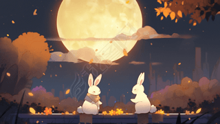 中秋节素材两只兔子在赏月插画海报背景图片