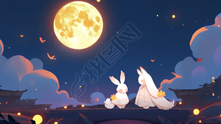 中秋节素材两只兔子在赏月插画海报背景图片