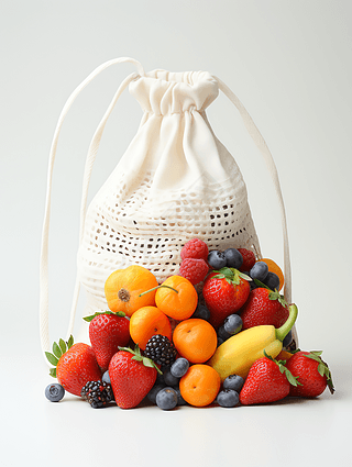 白色网格布袋里面的各种水果创意产品素材高清摄影图