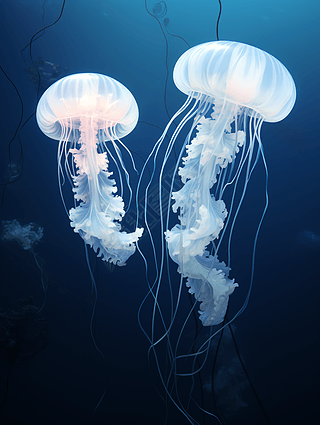 水面下的两只水母高清摄影图极简主义艺术