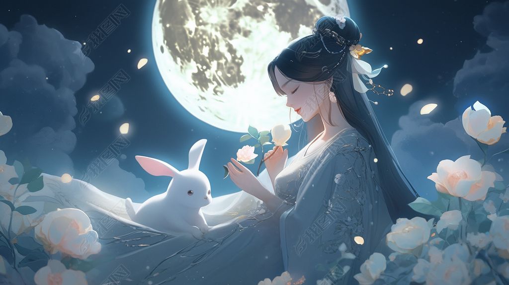原创中秋节嫦娥玉兔月下插图卡通唯美扁平古风人物壁纸-版权可商用