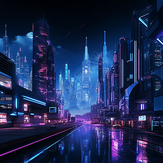 夜幕下的赛博朋克都市，霓虹招牌和未来主义摩天楼
