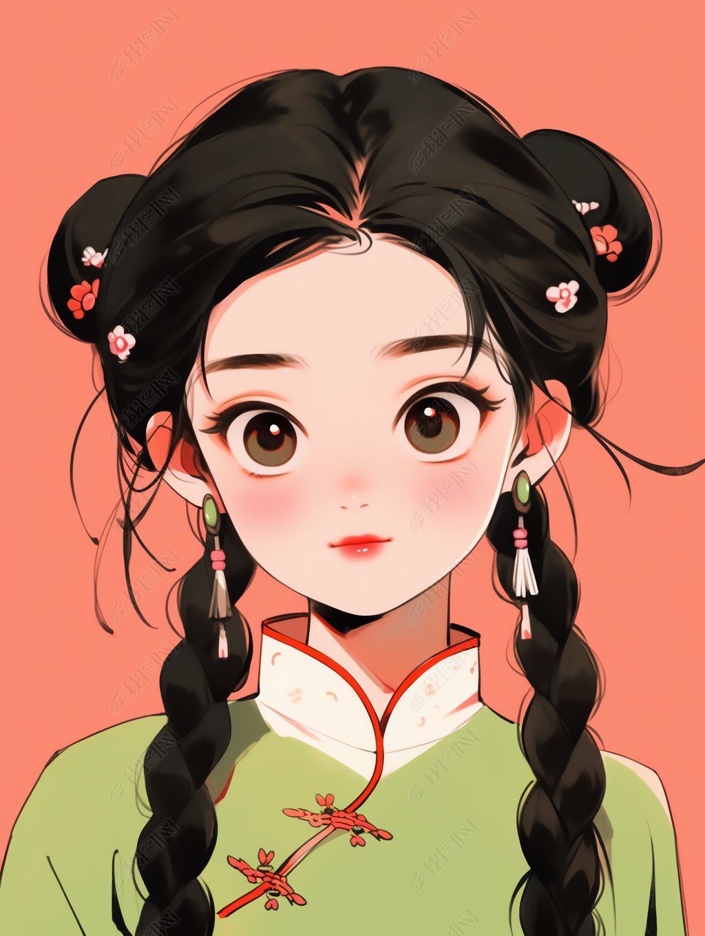 可爱小女孩双马尾辫子卡通手绘插画肖像头像海报素材