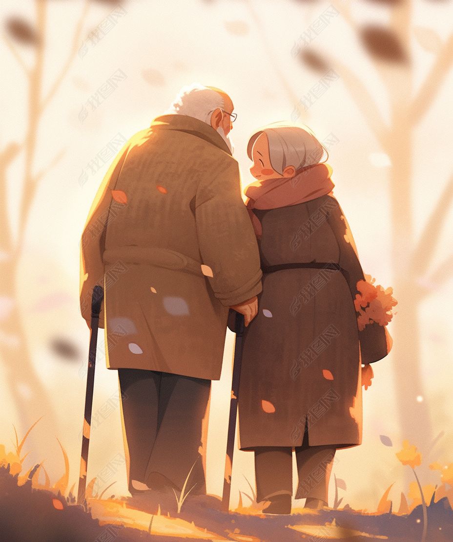 重阳节夕阳下老人牵手背影卡通手绘插画