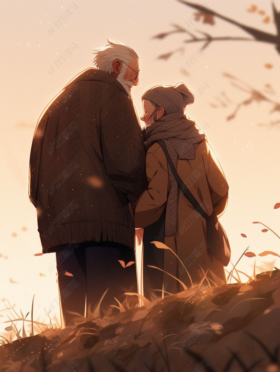 重阳节夕阳下老人牵手背影卡通手绘插画