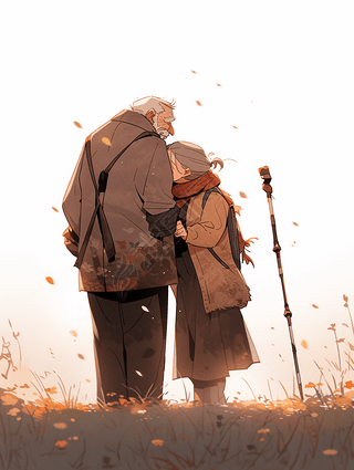 重阳节夕阳下老人牵手背影卡通手绘插画
