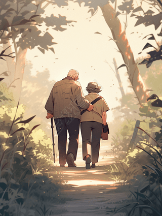 重阳节夕阳下老人牵手背影卡通手绘插画