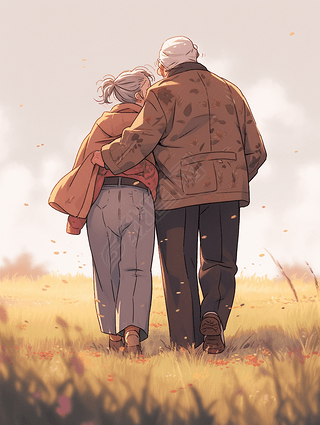 重阳节夕阳下老人牵手背影卡通手绘插画