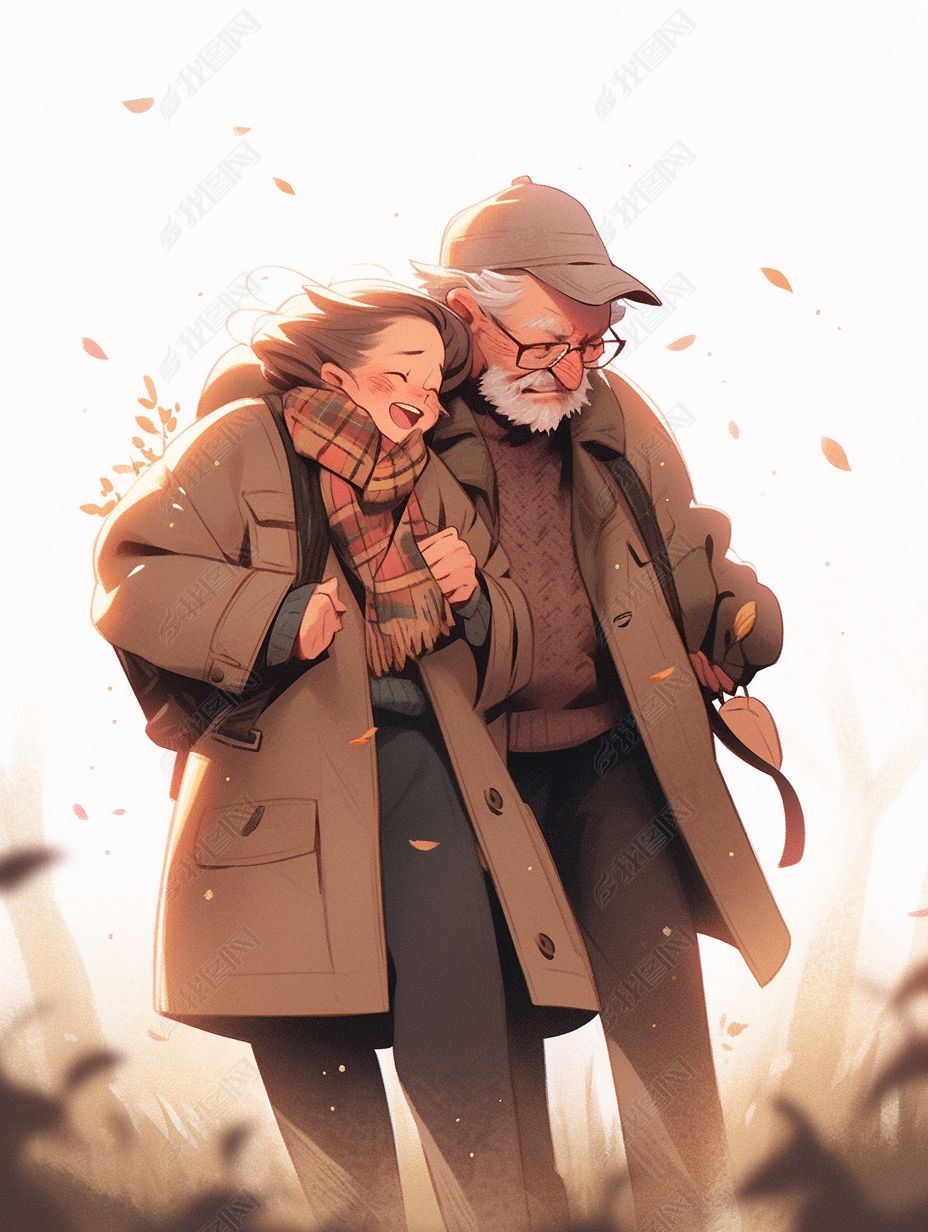 重阳节夕阳下老人牵手背影卡通手绘插画