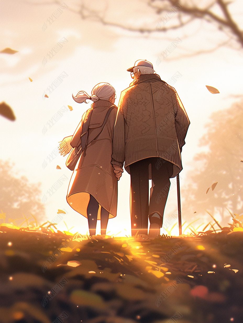 原创重阳节夕阳下老人牵手背影卡通手绘插画