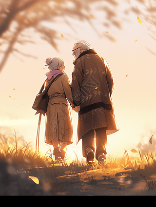 重阳节夕阳下老人牵手背影卡通手绘插画