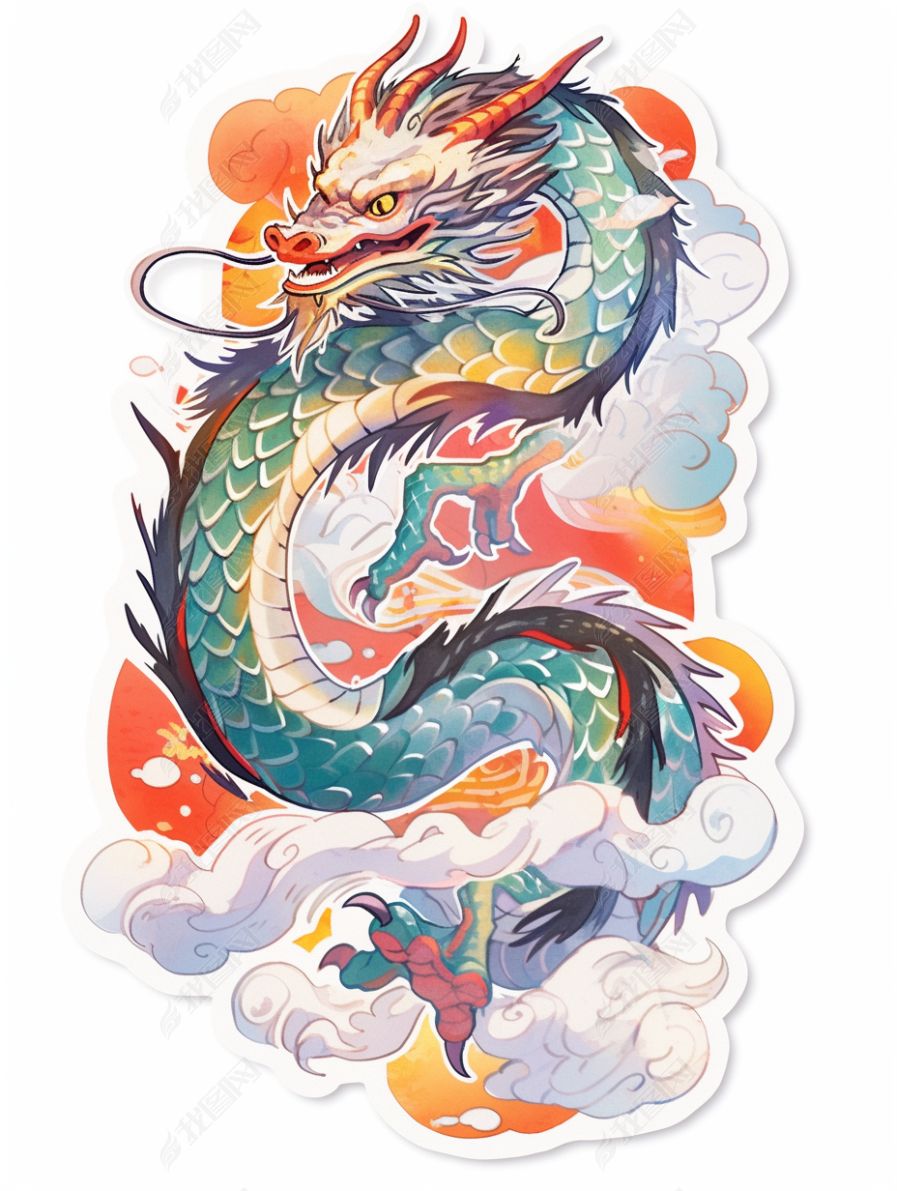 原创国潮国风古风中国龙贴纸风元素海报背景插画11-版权可商用