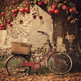 一辆复古自行车靠在树旁简单与宁静的秋日(3)