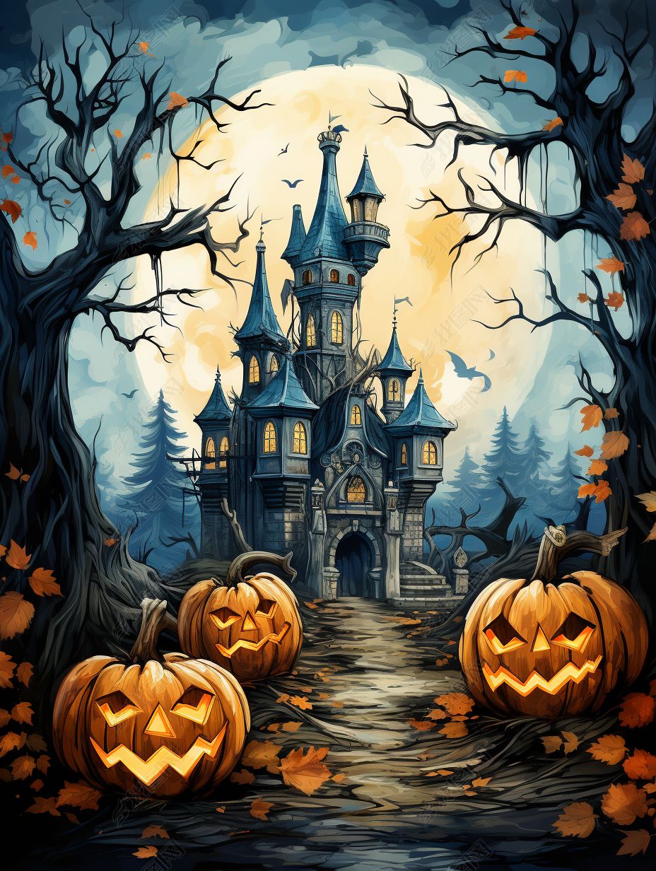 原创西方传统节日万圣节可爱卡通城堡南瓜蝙蝠树林插画-版权可商用
