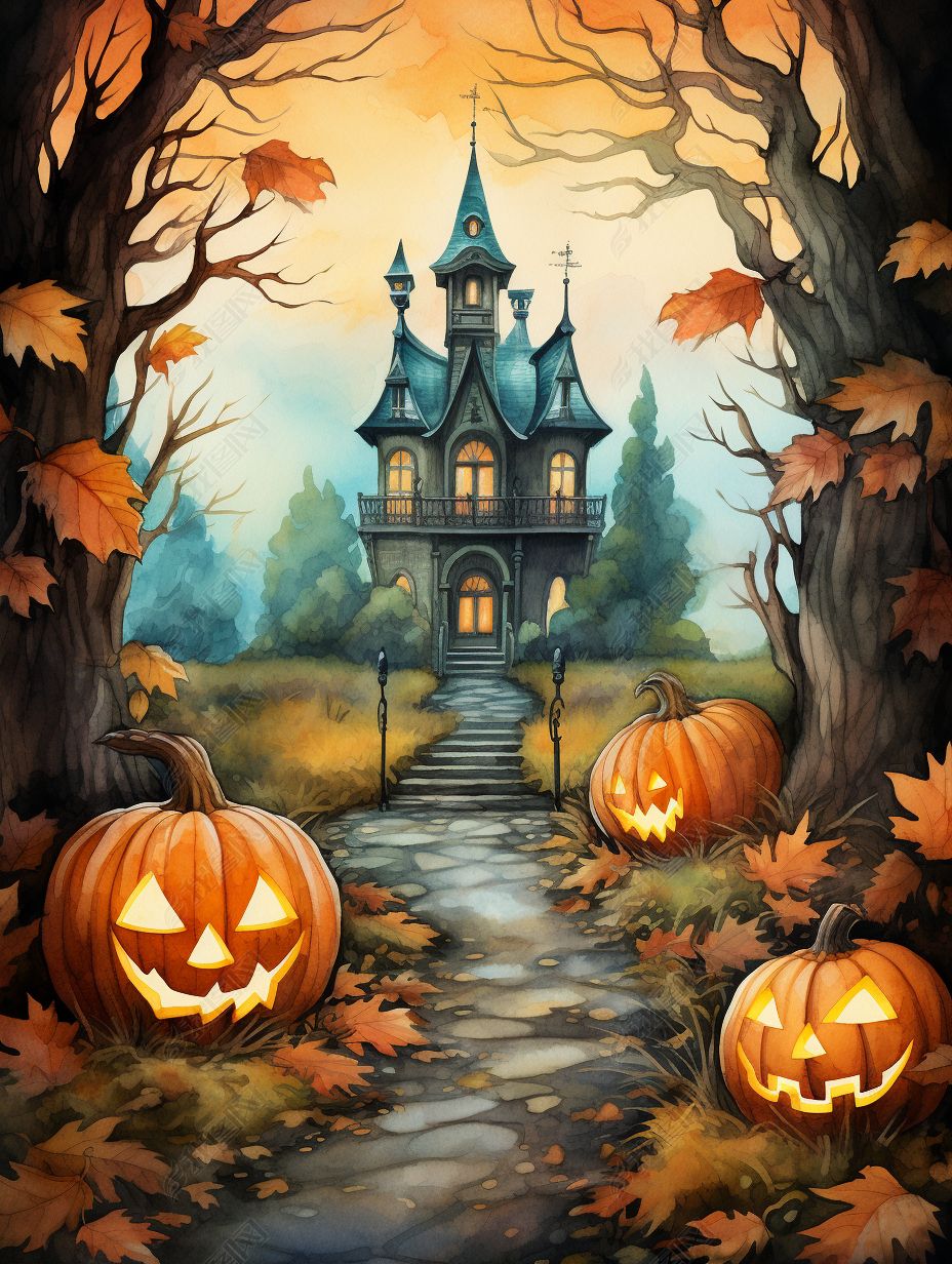 西方传统节日万圣节可爱卡通城堡南瓜蝙蝠树林插画