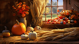 乡村魅力：秋日丰收的南瓜、玉米与温暖阳光(2)
