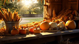 乡村魅力：秋日丰收的南瓜、玉米与温暖阳光(3)