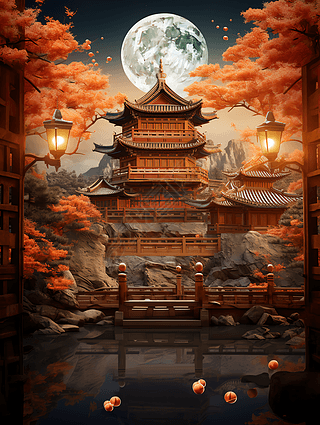 中国风节庆舞台古风建筑唯美插画海报设计素材