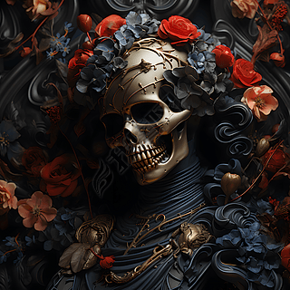骷髅彼岸花唯美数字艺术|浪漫唯美骷髅头鲜花意境素材背景