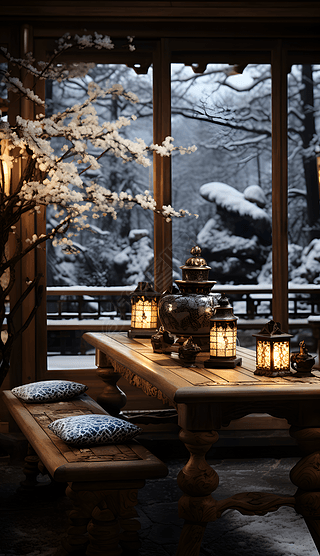 古典中国风冬季雪景茶道背景海报素材