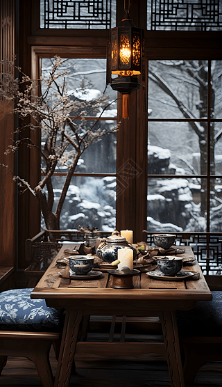 古典中国风冬季雪景茶道背景海报素材