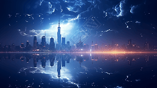 未来城市夜景，摩天大楼与夜空中穿梭飞船(3)