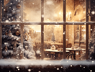 圣诞咖啡馆的温馨氛围：窗外飘雪与室内装饰(4)