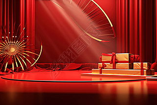新年电商背景舞台展板红色背景创意合成图