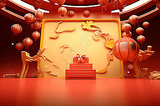 新年电商背景舞台展板红色背景创意合成图
