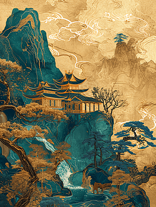 中国风鎏金配色山水画建筑海报设计素材装饰画
