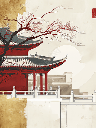 中国风古代建筑海报设计素材艺术插画
