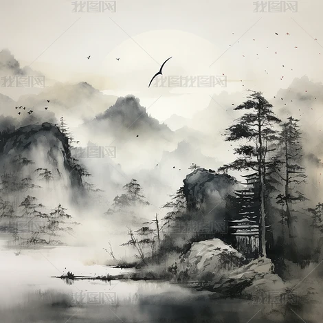 中国风的黑色水墨山水画下载-编号34087384--我图网