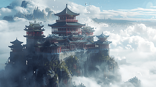 中国风玄幻古代建筑云端游戏封面海报设计素材插画