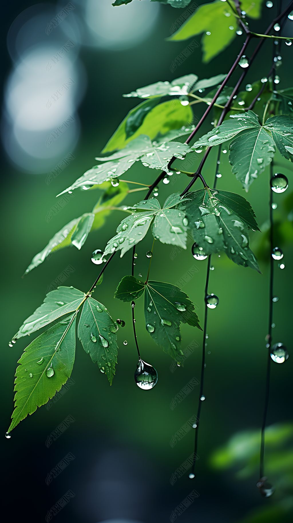原创绿色雨后树林树叶春天雨水海报设计素材高清摄影图