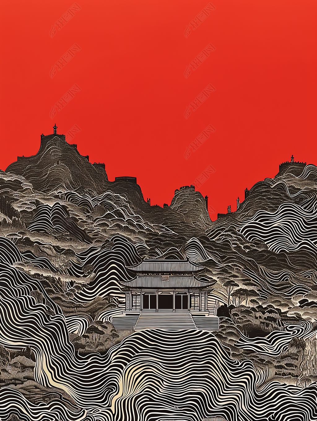 您当前访问作品主题是中国山水封面黑白线条纪念碑红色背景海报设计