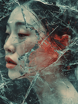 心碎的女人碎玻璃科幻现实主义创意插画梦幻分裂