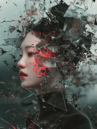 心碎的女人碎玻璃科幻现实主义创意插画梦幻分裂