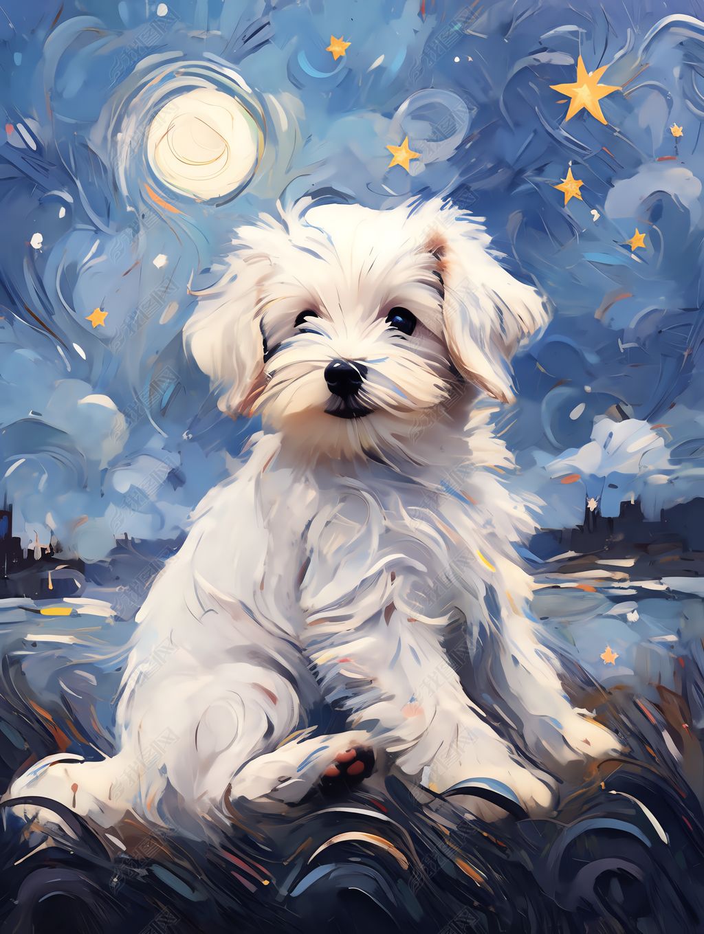 原创白色小狗星夜背景梵高风格抽象油画装饰画小清新