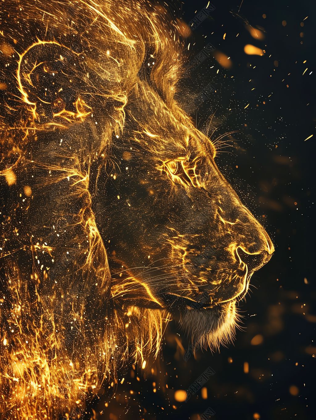 原创威严狮子金色耀斑颗粒半透明荧光物质海报设计插画