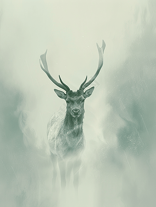 迷雾中的鹿柔和梦幻景观自然主义极简海报设计插画