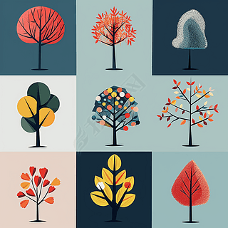 各种类型树木植物极简平面插图海报设计素材插画