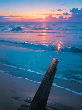 漂亮唯美海滩夕阳插画配图背景